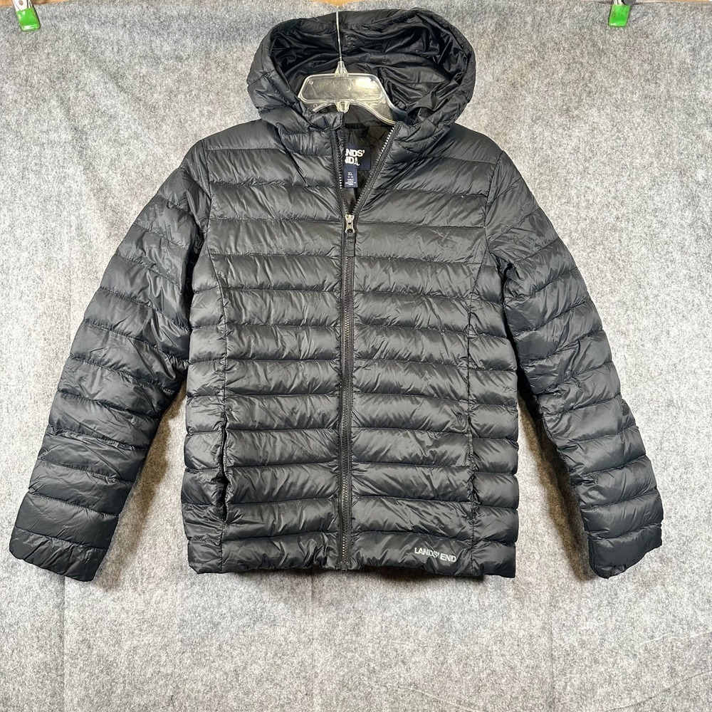 Lands End Kids Down Puffer Jacket Size XL 14-16 Hooded Black Quilted Packable